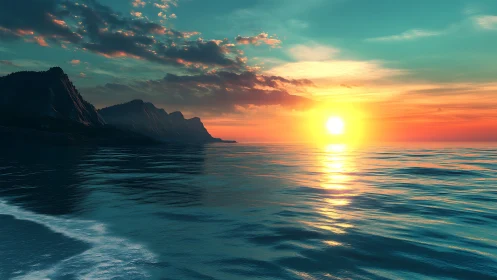 Neon-kissed ocean sunset cradling shadowy cliff giants.