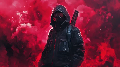 Hooded figure in tactical gear stands before dense red smoke