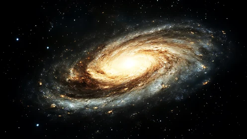 Photorealistic barred spiral galaxy with luminous core focus.