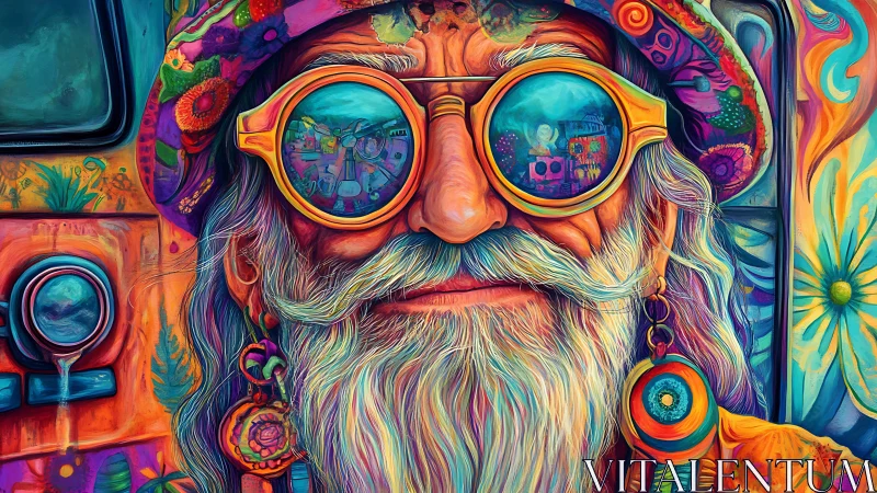 Psychedelic elder gazes through kaleidoscopic hippie memories