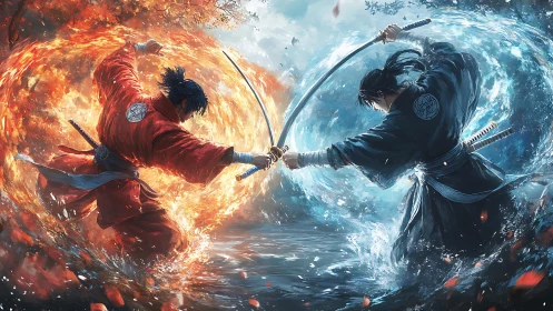 Elemental duel freezes time as fire and water trade blades