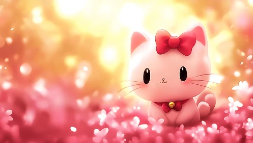 Pink cartoon cat among petals in soft warm light.
