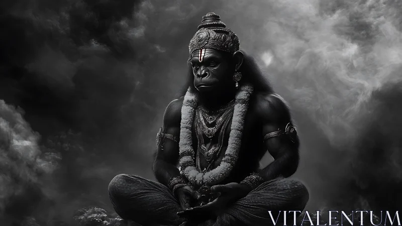 Majestic gorilla deity rests in calm, swirling shadow mist