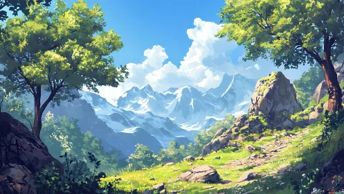 Sunlit mountain path welcomes hikers into bright alpine calm