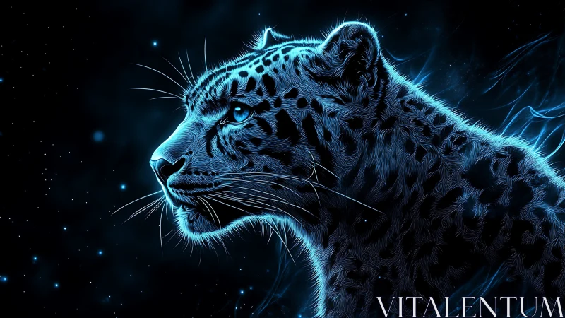 Snow leopard rendered with cyan luminescent edges against dark background