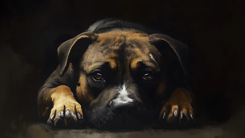 Melancholic brindle dog in low key digital portrait lighting.