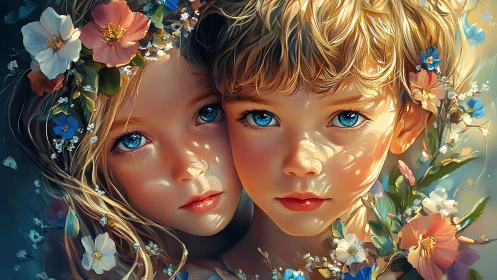 Twin Children Adorned with Golden Hair and Floral Arrangements.