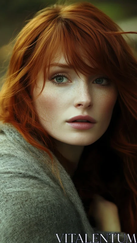 Soft green gaze with windswept red hair in quiet light.