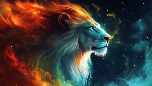 Cosmic lion silhouette ignites nebula fire and starlit void