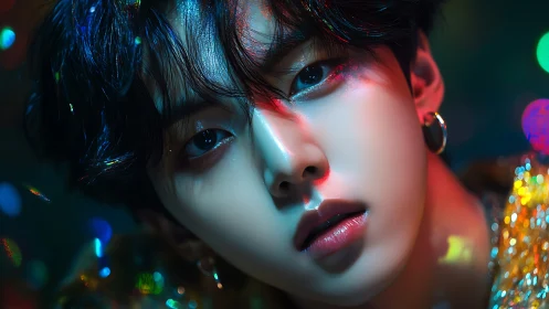 Luminous close-up portrait glows in neon dreamlike light