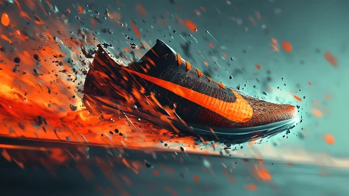 Blazing orange running shoe streaking through sparks and speed.