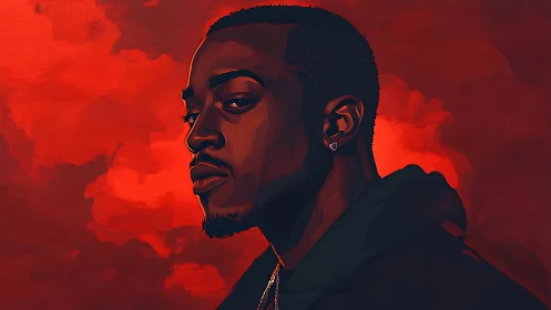 Cinematic digital portrait of man in red atmospheric backlight