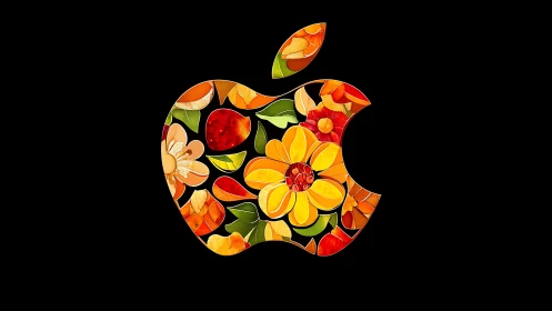 Floral Tessellation Within Apple Silhouette: Chromatic Botanical Composition.