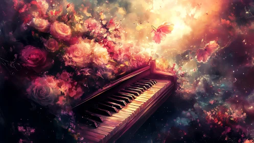 Piano keys amid roses and glowing butterflies in bloom.