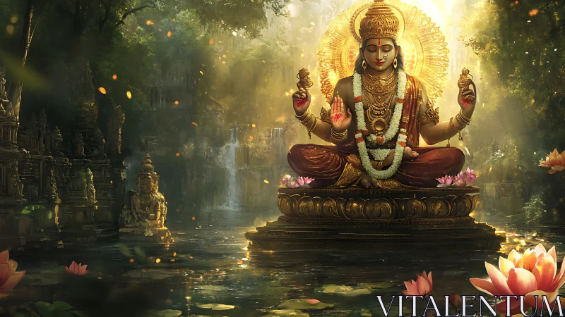 Golden river goddess in a lotus-lit jungle sanctuary.
