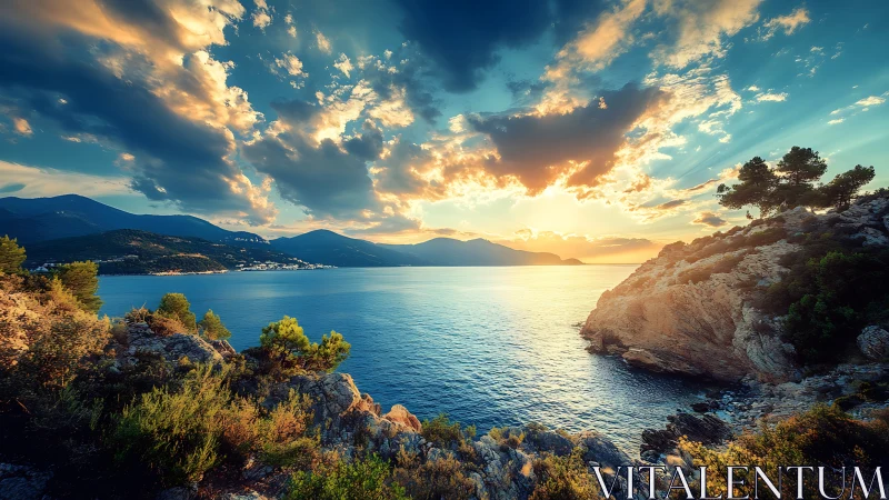 Sunlit cliffs embrace a sapphire bay beneath roaming clouds.