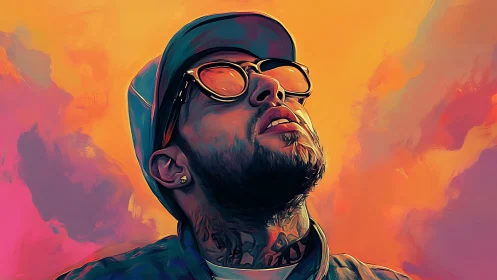Digital portrait of man with sunglasses and cap in color field.