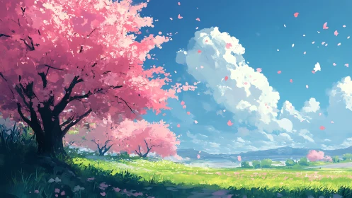 Soft spring blossoms drift gently across a bright sky