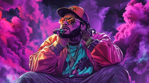 Neon lit rapper rests amid swirling magenta vapor clouds