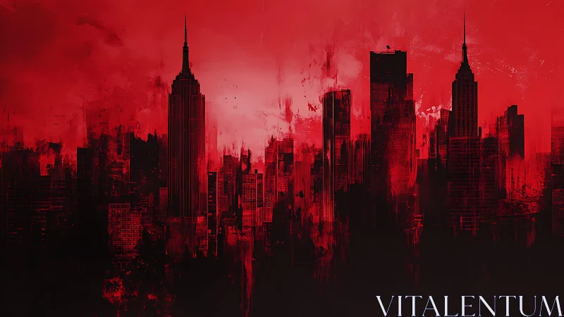 Monochrome red city skyline dissolves into abstract vertical streaks