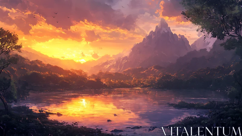 Sunlit mountain lake glows beneath a dramatic evening sky