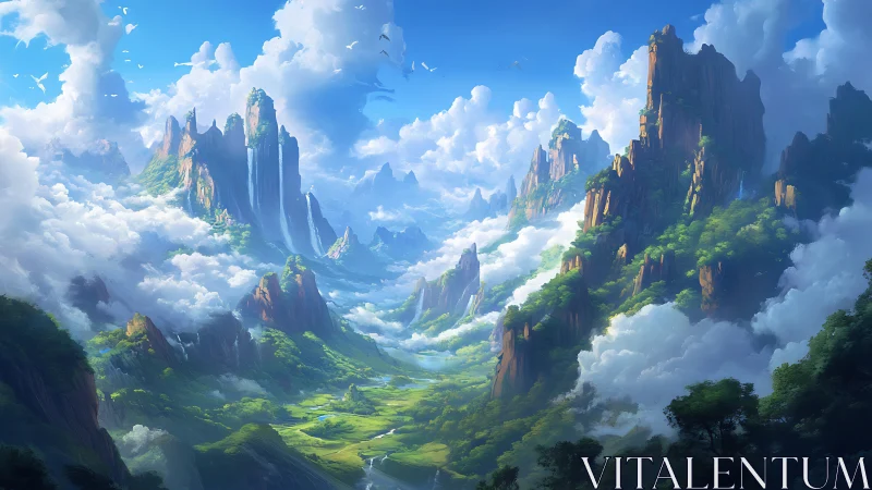 Sunlit fantasy peaks rise through emerald cloud valleys.