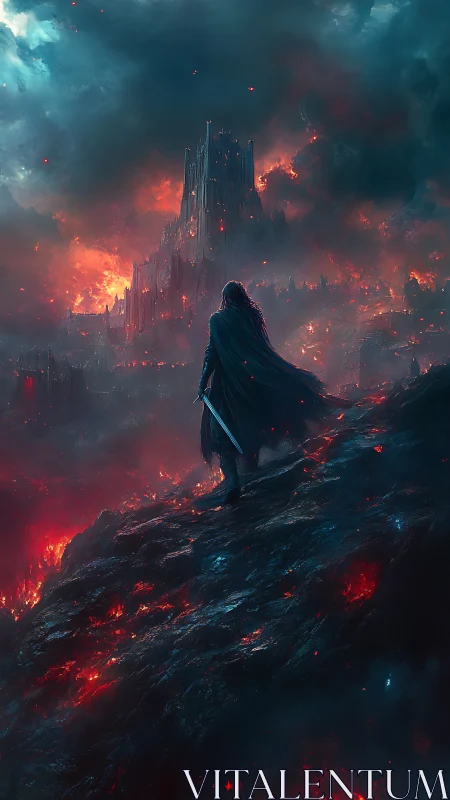 Lone swordbearer above burning citadel under storm sky.