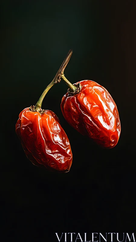 Two glossy red chili peppers hang suspended on dark background