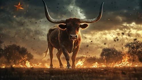 Longhorn bull advances through burning field at sunset