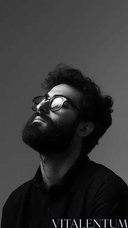 Monochrome side-lit male portrait in contemplative elevation.