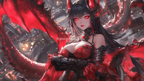 Demonic dragon queen glares through molten crimson storm