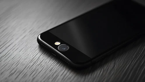 Smartphone with dual camera resting on textured metallic surface