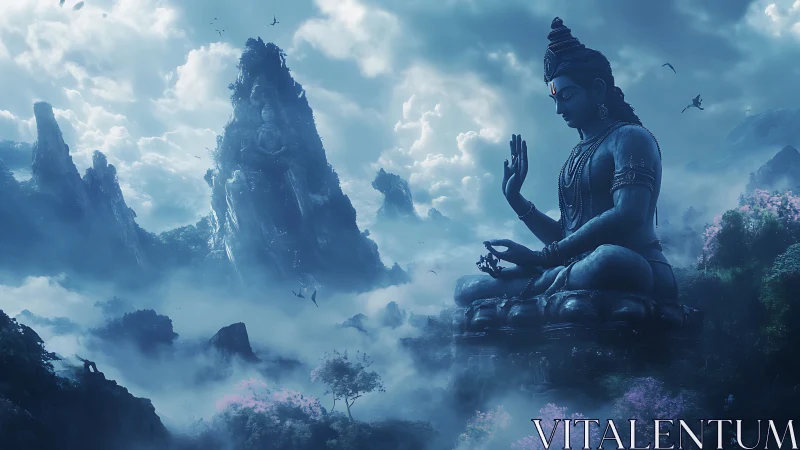 Colossal meditating deity overlooks mist-laden mountain valley