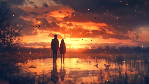 Two figures stand in luminous waters beneath explosive golden sunset
