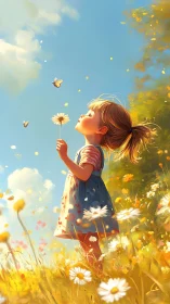 Sunlit daydreamer chasing butterflies in a daisy kingdom.
