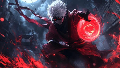White-haired warrior unleashes crimson energy under stormy moon