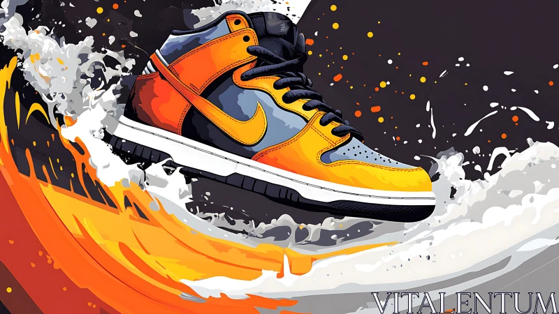 Dynamic sneaker illustration with bold orange fire splash.