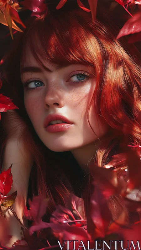 Red haired woman framed by autumn leaves gazes away