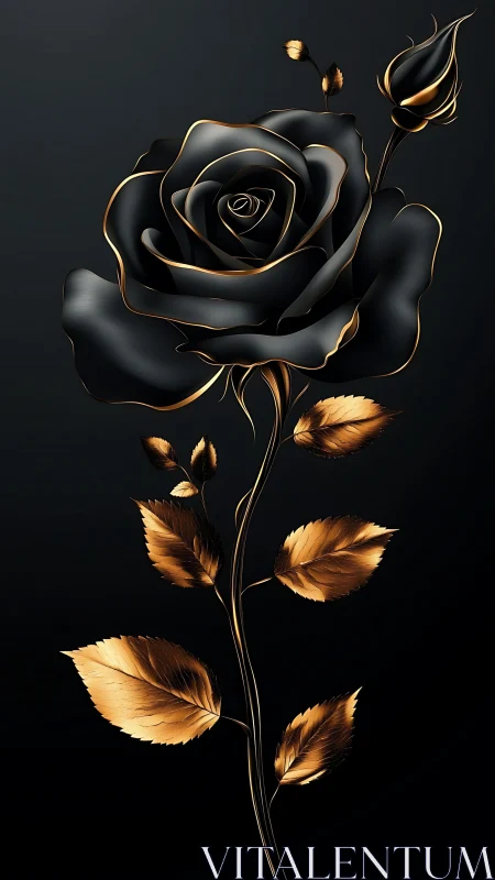 Black Rose with Gold Leaf Accents Against Dark Background