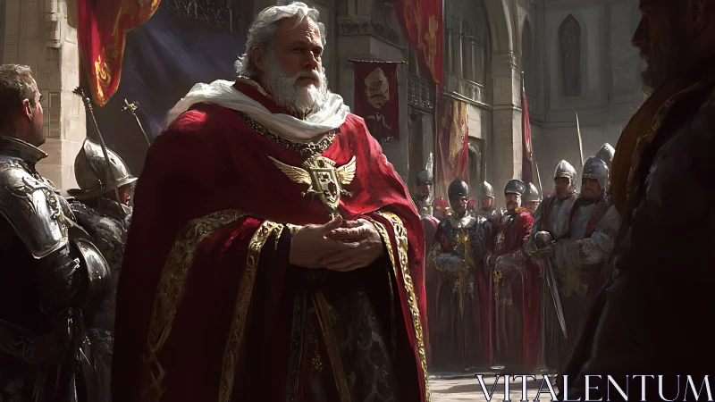 Regal elder commander in red ceremonial cloak among armored guard