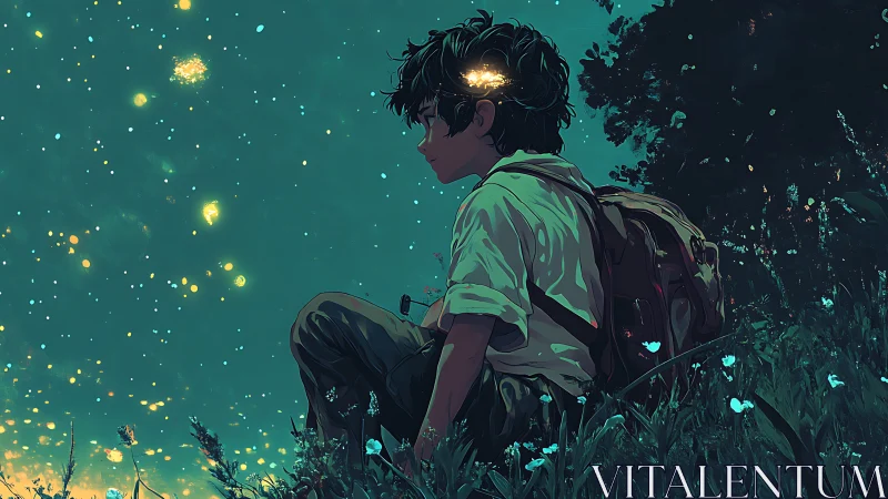 Boy under starry firefly sky rests in glowing meadow.