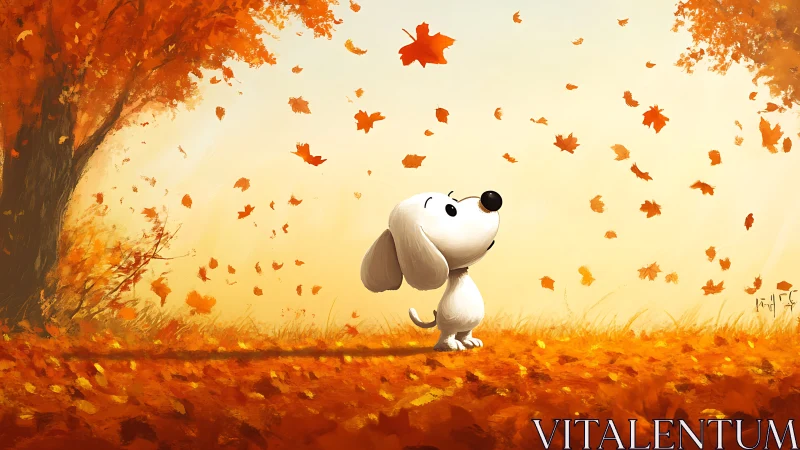Whimsical white dog observing drifting autumn leaves outdoors.
