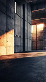 Brutalist concrete hall with dramatic sunset light bands.