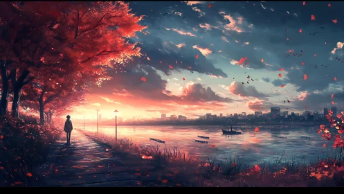 Sunset river walk under crimson autumn city skies.