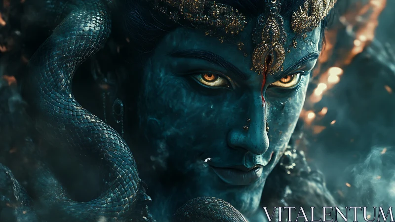 Mythic blue figure with serpent and ornate golden headdress.