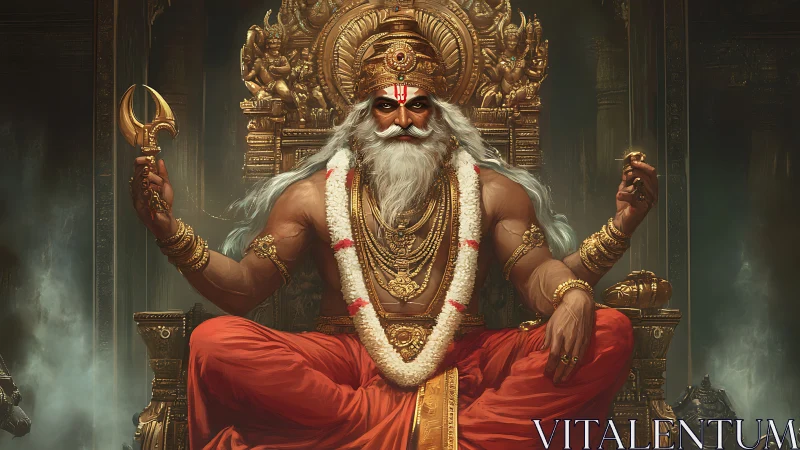 Digital painting of mythic king on ornate golden throne.