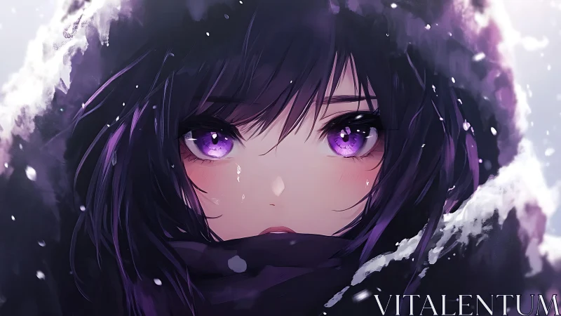 Purple-luminescent gaze framed by snow-laden hood portrait.