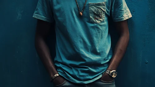 Torso of person in blue T-shirt against textured wall.