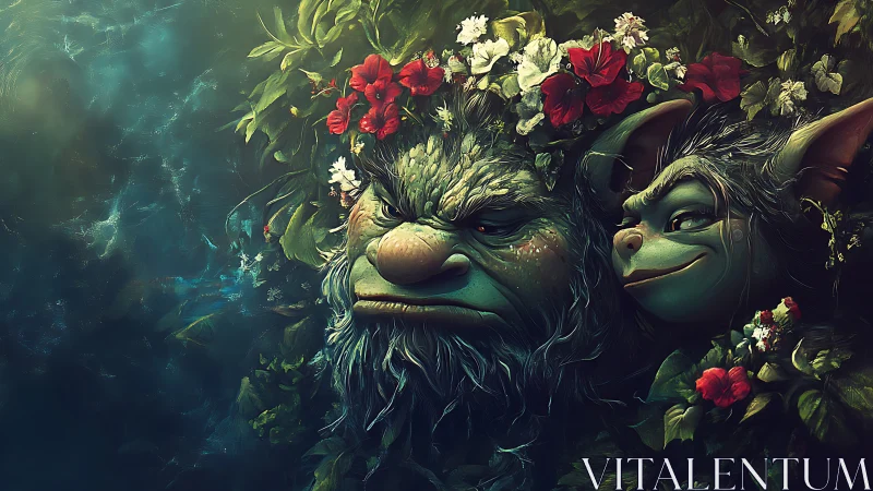 Two plant-covered fantasy faces emerge from dense foliage