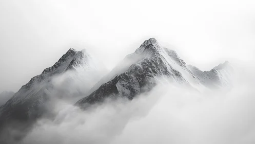Minimalist photorealistic alpine peaks in diffuse fogscape.